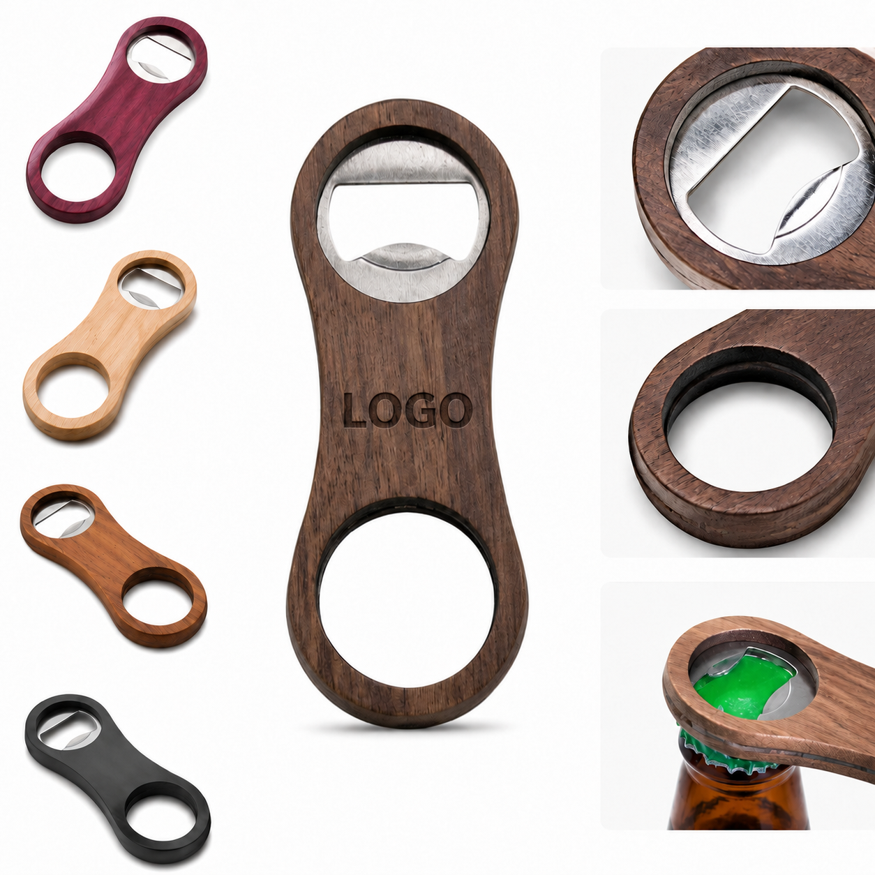 Natural Bamboo Texture Stainless Steel Handheld Bottle Opener with Integrated Storage Ring