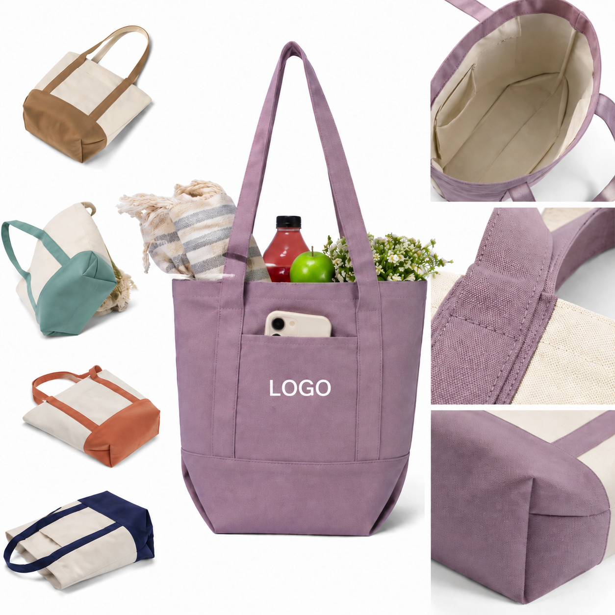 Compact 10oz Heavy-Duty Cotton Canvas Tote Bag with Exterior Pocket