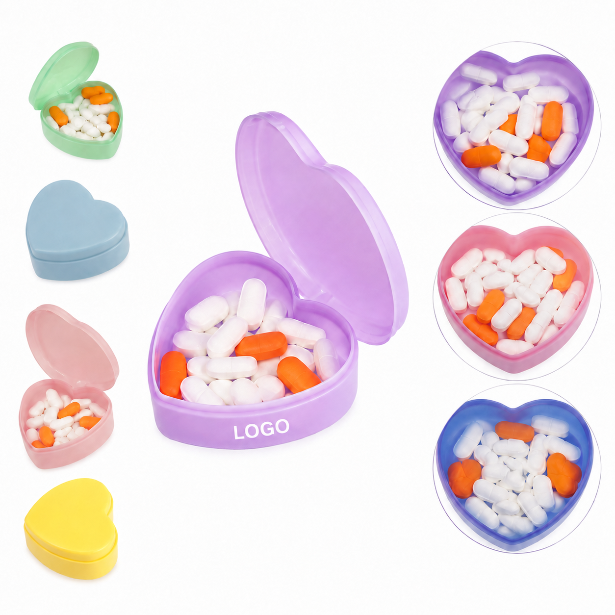 Heart-Shaped Compact Medication Organizer - Solid & Translucent Finishes