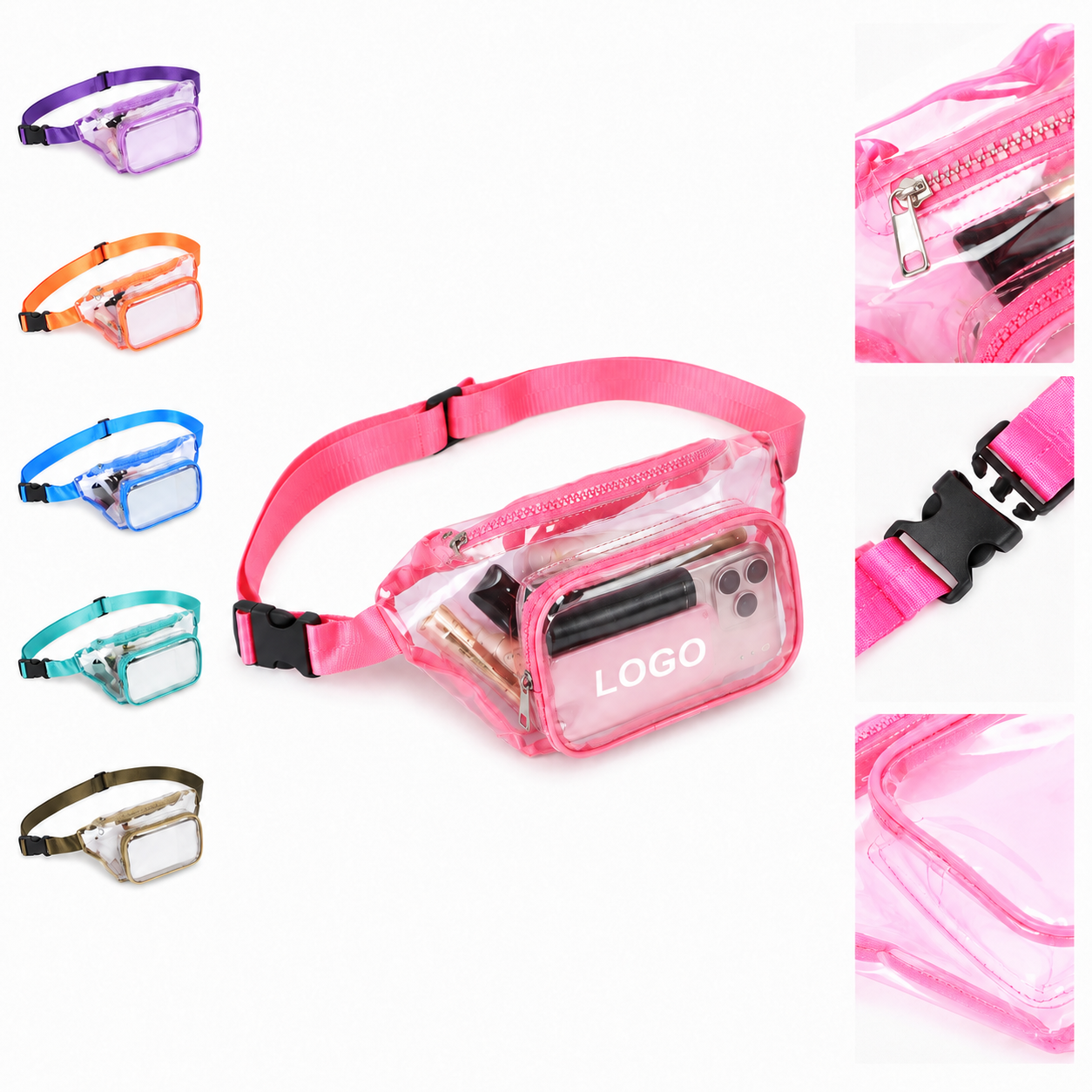 Transparent Security-Ready Waist Bag with Adjustable Strap and Dual Zipper Compartments