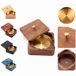 Square Solid Wood Desktop Cigar Ashtray with Removable Metal Insert and Lid